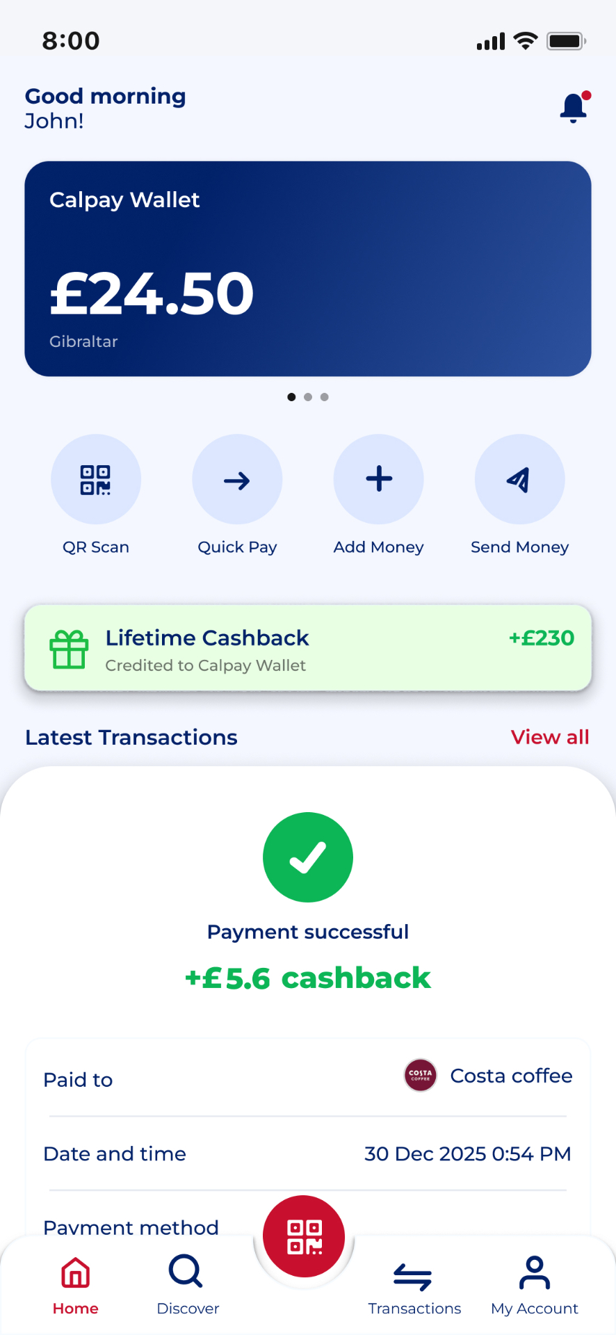 CalPay app home screen showing wallet balance, quick actions, and today's merchants